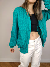 Load image into Gallery viewer, The Mohair Wool Turquoise Cardigan | Vintage Luciana plain blue green cable knit knitted jacket Luciana made in Italy M
