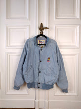 Load image into Gallery viewer, The Varsity Denim Jacket Roy Rogers | Vintage 80s USA baseball light blue jeans wash bomber summer spring embroidery men unisex women L
