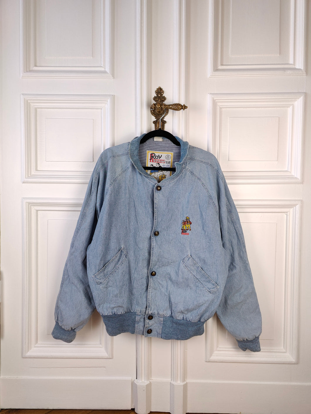 Die Varsity-Jeansjacke Roy Rogers | Vintage 80er Jahre USA Baseball hellblaue Jeans Wash Bomber Sommer Frühling Stickerei Herren Unisex Damen L