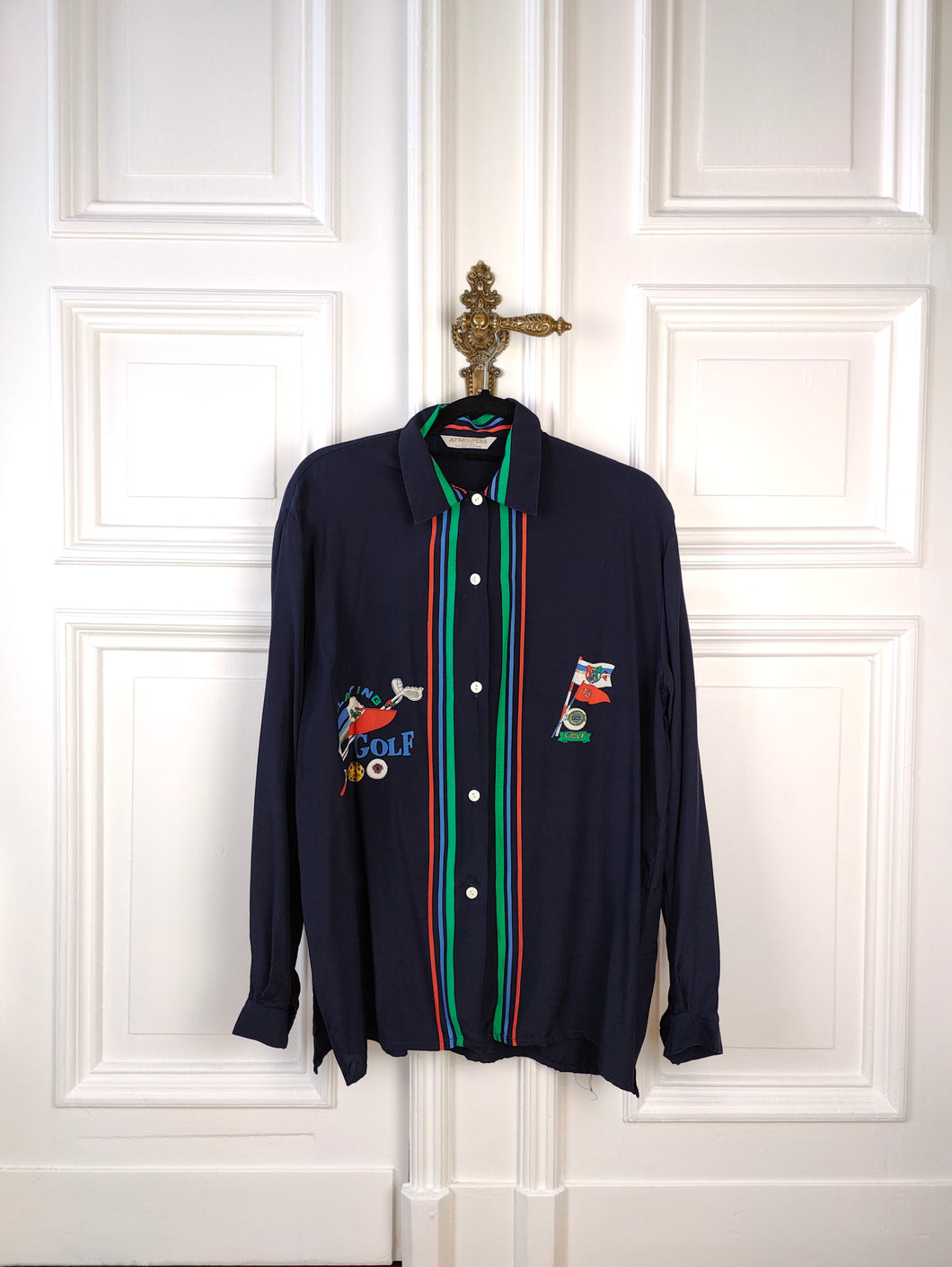 The Golf Fan Club Navy Viscose Blouse | Vintage 90s Atmos Maria Fuscarini crazy graphic print pattern long sleeve women blue stripe shirt M