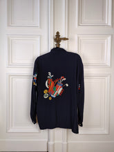 Load image into Gallery viewer, The Golf Fan Club Navy Viscose Blouse | Vintage 90s Atmos Maria Fuscarini crazy graphic print pattern long sleeve women blue stripe shirt M
