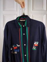 Load image into Gallery viewer, The Golf Fan Club Navy Viscose Blouse | Vintage 90s Atmos Maria Fuscarini crazy graphic print pattern long sleeve women blue stripe shirt M
