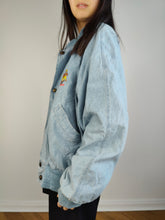 Load image into Gallery viewer, The Varsity Denim Jacket Roy Rogers | Vintage 80s USA baseball light blue jeans wash bomber summer spring embroidery men unisex women L
