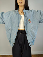 Load image into Gallery viewer, The Varsity Denim Jacket Roy Rogers | Vintage 80s USA baseball light blue jeans wash bomber summer spring embroidery men unisex women L
