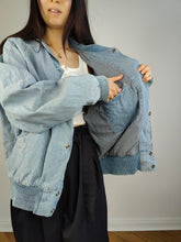 Load image into Gallery viewer, The Varsity Denim Jacket Roy Rogers | Vintage 80s USA baseball light blue jeans wash bomber summer spring embroidery men unisex women L
