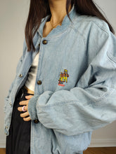 Load image into Gallery viewer, The Varsity Denim Jacket Roy Rogers | Vintage 80s USA baseball light blue jeans wash bomber summer spring embroidery men unisex women L
