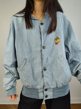 Load image into Gallery viewer, The Varsity Denim Jacket Roy Rogers | Vintage 80s USA baseball light blue jeans wash bomber summer spring embroidery men unisex women L
