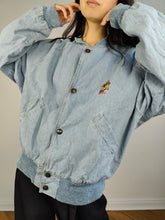 Load image into Gallery viewer, The Varsity Denim Jacket Roy Rogers | Vintage 80s USA baseball light blue jeans wash bomber summer spring embroidery men unisex women L
