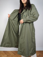 Load image into Gallery viewer, The Khaki Green Padded Trench Coat | Vintage long waist tie lined thick jacket coat S
