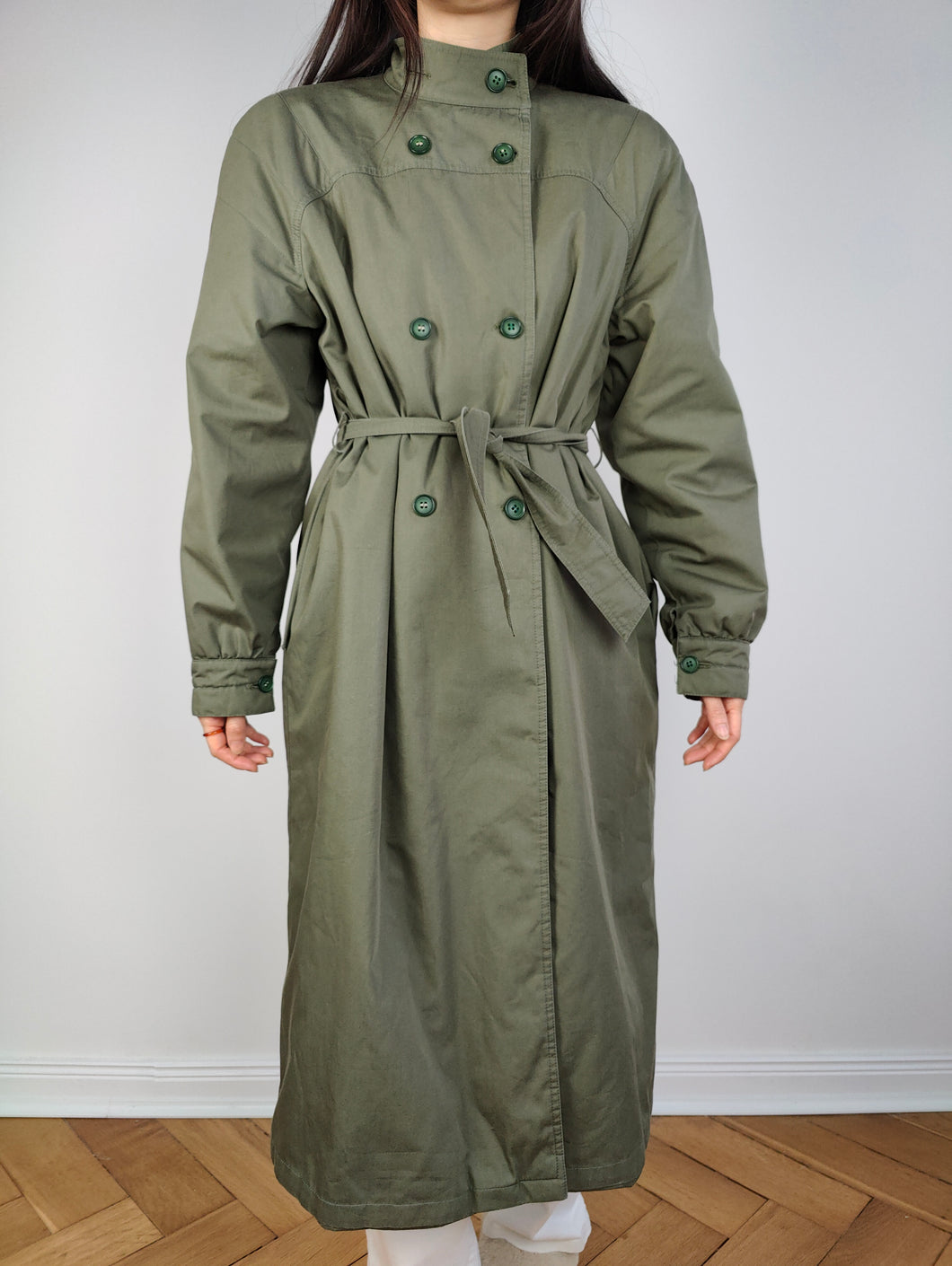 The Khaki Green Padded Trench Coat | Vintage long waist tie lined thick jacket coat S