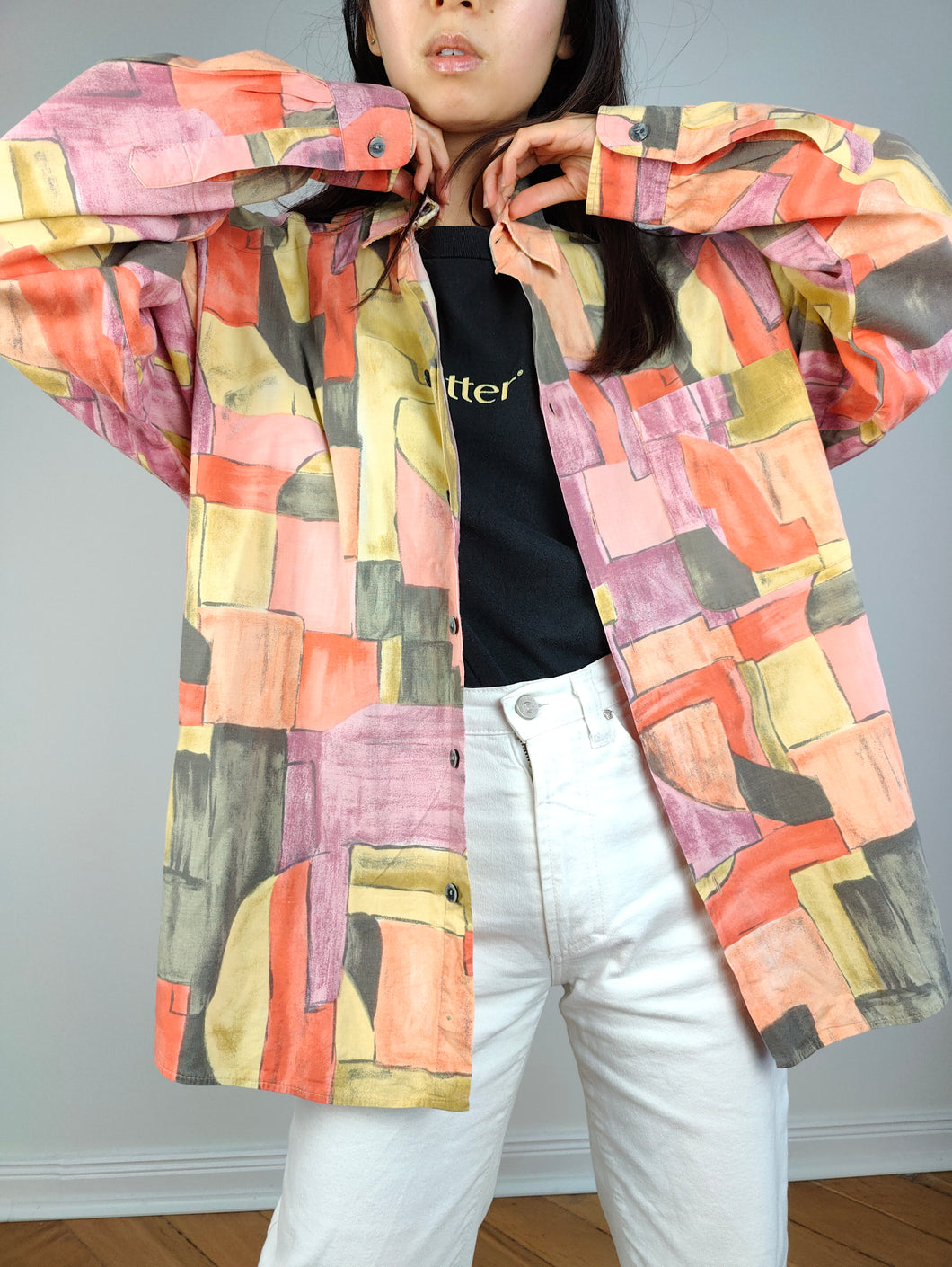 The Yellow Orange Art Pattern Shirt | Vintage 90s long sleeve art abstract crazy print unisex women men 41/42 L
