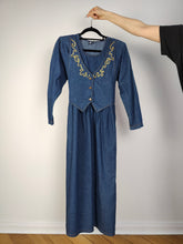Load image into Gallery viewer, The Embroidery Waistcoat Blue Denim Dress | Vintage 90s dark blue jeans vest corset gold embroidered cottage core prairie spring summer long sleeve maxi long dress S

