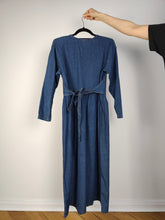 Load image into Gallery viewer, The Embroidery Waistcoat Blue Denim Dress | Vintage 90s dark blue jeans vest corset gold embroidered cottage core prairie spring summer long sleeve maxi long dress S
