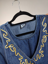 Load image into Gallery viewer, The Embroidery Waistcoat Blue Denim Dress | Vintage 90s dark blue jeans vest corset gold embroidered cottage core prairie spring summer long sleeve maxi long dress S
