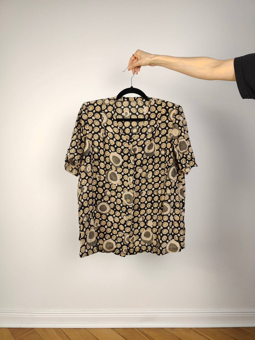 The Silk Beige Black Circles Print Blouse | Vintage pure silk women short sleeve shirt crazy pattern dots M-L