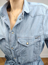 Load image into Gallery viewer, The G-Star RAW Denim Shirt Dress | Preloved second hand light blue jeans long sleeve button up blouse maxi long dress M
