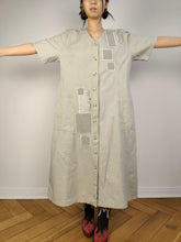 Load image into Gallery viewer, The Cream Patchwork Denim Maxi Dress | Vintage 90s beige jeans cotton button down shirt spring summer short sleeve long dress M-L
