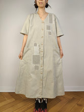 Load image into Gallery viewer, The Cream Patchwork Denim Maxi Dress | Vintage 90s beige jeans cotton button down shirt spring summer short sleeve long dress M-L
