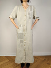 Load image into Gallery viewer, The Cream Patchwork Denim Maxi Dress | Vintage 90s beige jeans cotton button down shirt spring summer short sleeve long dress M-L
