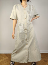 Load image into Gallery viewer, The Cream Patchwork Denim Maxi Dress | Vintage 90s beige jeans cotton button down shirt spring summer short sleeve long dress M-L

