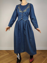 Load image into Gallery viewer, The Embroidery Waistcoat Blue Denim Dress | Vintage 90s dark blue jeans vest corset gold embroidered cottage core prairie spring summer long sleeve maxi long dress S
