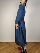 Load image into Gallery viewer, The Embroidery Waistcoat Blue Denim Dress | Vintage 90s dark blue jeans vest corset gold embroidered cottage core prairie spring summer long sleeve maxi long dress S
