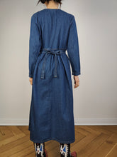 Load image into Gallery viewer, The Embroidery Waistcoat Blue Denim Dress | Vintage 90s dark blue jeans vest corset gold embroidered cottage core prairie spring summer long sleeve maxi long dress S
