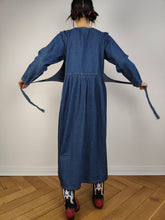 Load image into Gallery viewer, The Embroidery Waistcoat Blue Denim Dress | Vintage 90s dark blue jeans vest corset gold embroidered cottage core prairie spring summer long sleeve maxi long dress S
