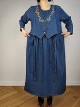 Load image into Gallery viewer, The Embroidery Waistcoat Blue Denim Dress | Vintage 90s dark blue jeans vest corset gold embroidered cottage core prairie spring summer long sleeve maxi long dress S
