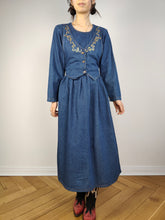 Load image into Gallery viewer, The Embroidery Waistcoat Blue Denim Dress | Vintage 90s dark blue jeans vest corset gold embroidered cottage core prairie spring summer long sleeve maxi long dress S
