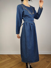 Load image into Gallery viewer, The Embroidery Waistcoat Blue Denim Dress | Vintage 90s dark blue jeans vest corset gold embroidered cottage core prairie spring summer long sleeve maxi long dress S
