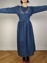 Load image into Gallery viewer, The Embroidery Waistcoat Blue Denim Dress | Vintage 90s dark blue jeans vest corset gold embroidered cottage core prairie spring summer long sleeve maxi long dress S
