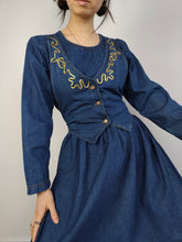 Load image into Gallery viewer, The Embroidery Waistcoat Blue Denim Dress | Vintage 90s dark blue jeans vest corset gold embroidered cottage core prairie spring summer long sleeve maxi long dress S
