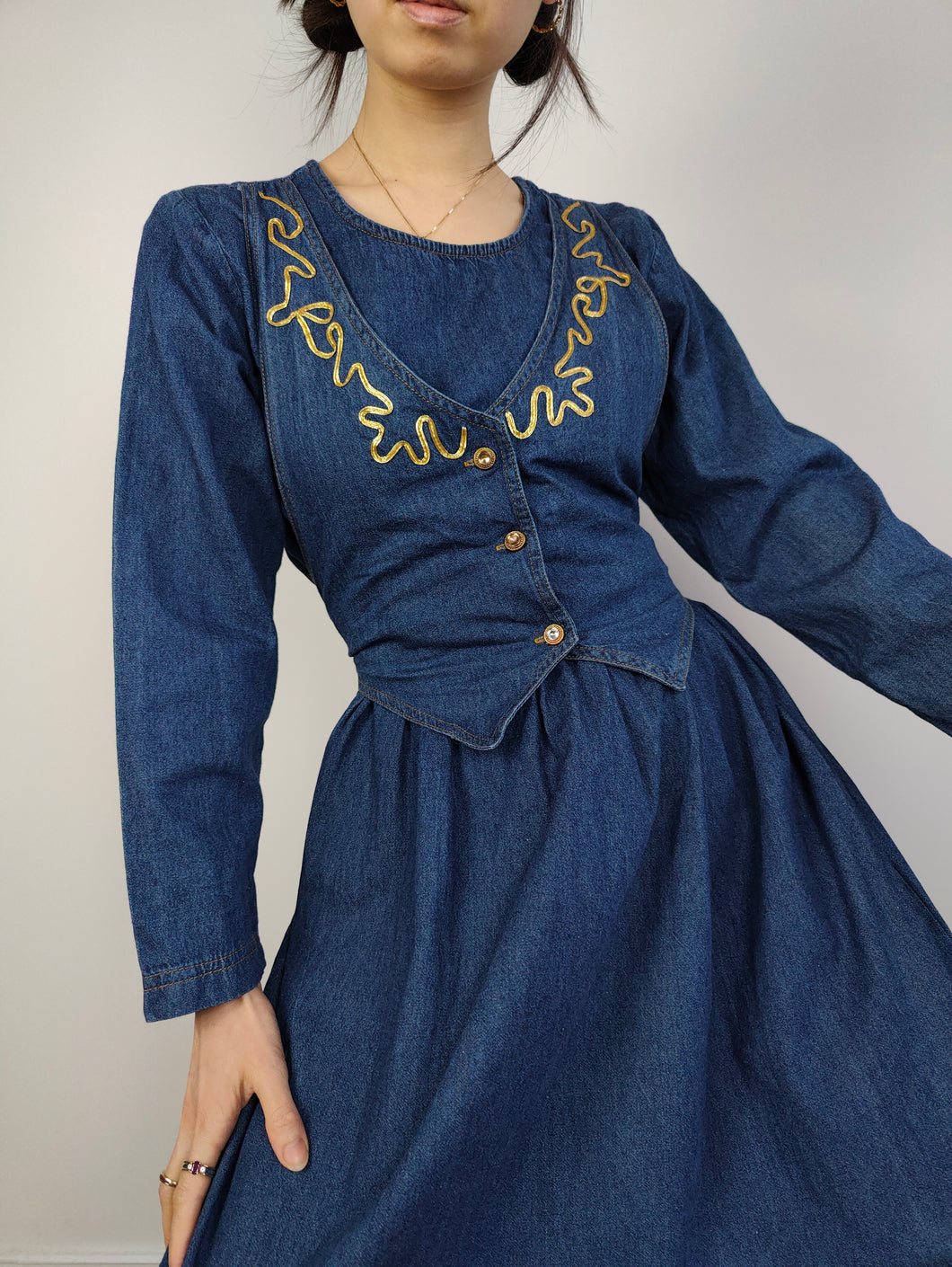 The Embroidery Waistcoat Blue Denim Dress | Vintage 90s dark blue jeans vest corset gold embroidered cottage core prairie spring summer long sleeve maxi long dress S