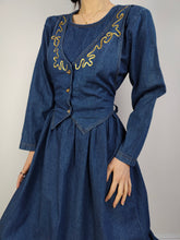 Load image into Gallery viewer, The Embroidery Waistcoat Blue Denim Dress | Vintage 90s dark blue jeans vest corset gold embroidered cottage core prairie spring summer long sleeve maxi long dress S
