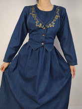 Load image into Gallery viewer, The Embroidery Waistcoat Blue Denim Dress | Vintage 90s dark blue jeans vest corset gold embroidered cottage core prairie spring summer long sleeve maxi long dress S
