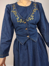 Load image into Gallery viewer, The Embroidery Waistcoat Blue Denim Dress | Vintage 90s dark blue jeans vest corset gold embroidered cottage core prairie spring summer long sleeve maxi long dress S
