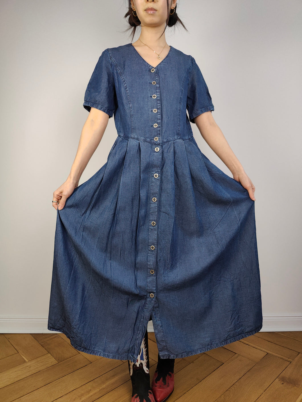 Das dunkelblaue Maxi-Jeanshemdkleid | Vintage 90er Jahre Jeans Button Down Frühling Sommer Kurzarm langes Kleid S