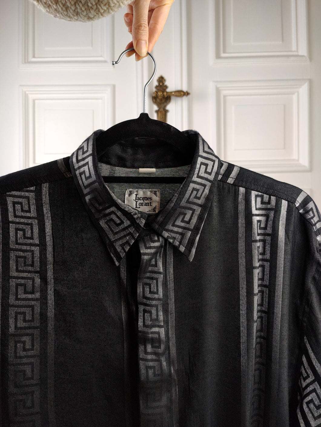 The 90s Black Silver Meander Shirt | Vintage Jacques Lorant long sleeve print pattern unisex men women M-L