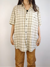 Load image into Gallery viewer, The 90s Bodoni Checker Cream Shirt | Vintage warm white beige check pattern print short sleeve unisex men L women L-XL
