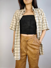 Load image into Gallery viewer, The 90s Bodoni Checker Cream Shirt | Vintage warm white beige check pattern print short sleeve unisex men L women L-XL
