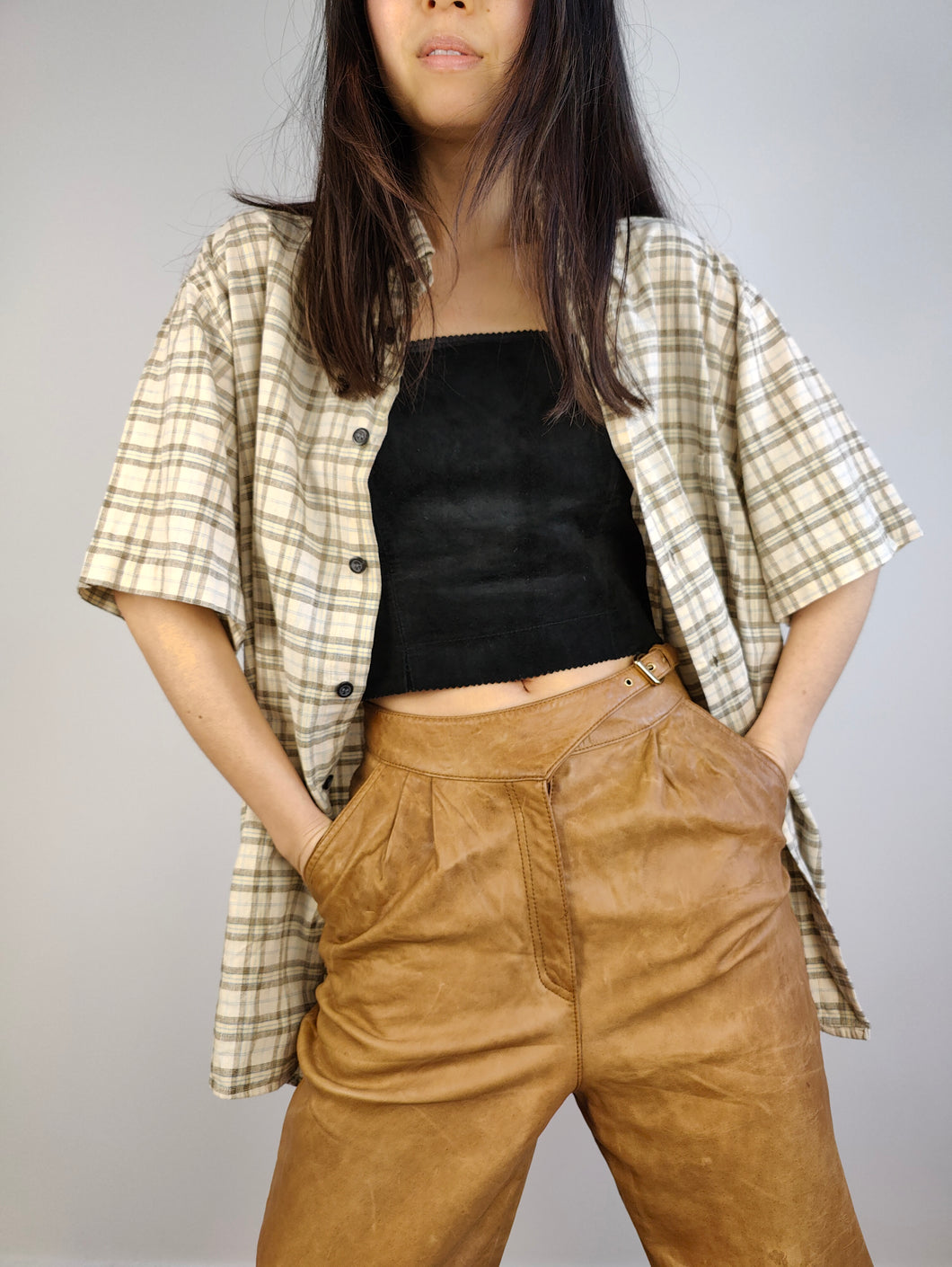 The 90s Bodoni Checker Cream Shirt | Vintage warm white beige check pattern print short sleeve unisex men L women L-XL