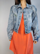 Load image into Gallery viewer, The Acid Wash Crop Denim Jacket | Vintage 80s short cropped blue jeans jacket check lining summer spring Watergate made in Italy S-M
