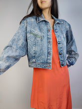 Load image into Gallery viewer, The Acid Wash Crop Denim Jacket | Vintage 80s short cropped blue jeans jacket check lining summer spring Watergate made in Italy S-M
