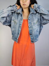 Load image into Gallery viewer, The Acid Wash Crop Denim Jacket | Vintage 80s short cropped blue jeans jacket check lining summer spring Watergate made in Italy S-M
