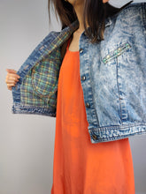 Load image into Gallery viewer, The Acid Wash Crop Denim Jacket | Vintage 80s short cropped blue jeans jacket check lining summer spring Watergate made in Italy S-M
