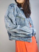 Load image into Gallery viewer, The Acid Wash Crop Denim Jacket | Vintage 80s short cropped blue jeans jacket check lining summer spring Watergate made in Italy S-M
