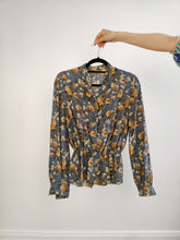 Load image into Gallery viewer, The Silk Grey Floral Peplum Blouse | Vintage silk long sleeve flower print pattern women blouse beige yellow orange S

