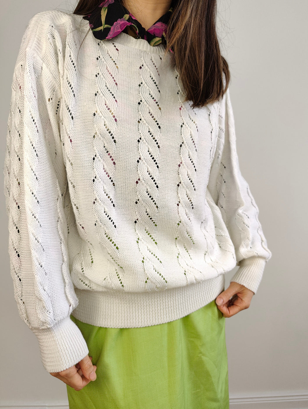 The White Cable Crochet Knit Pullover | Vintage sweater jumper plain boat neckline women summer spring top balloon sleeves M