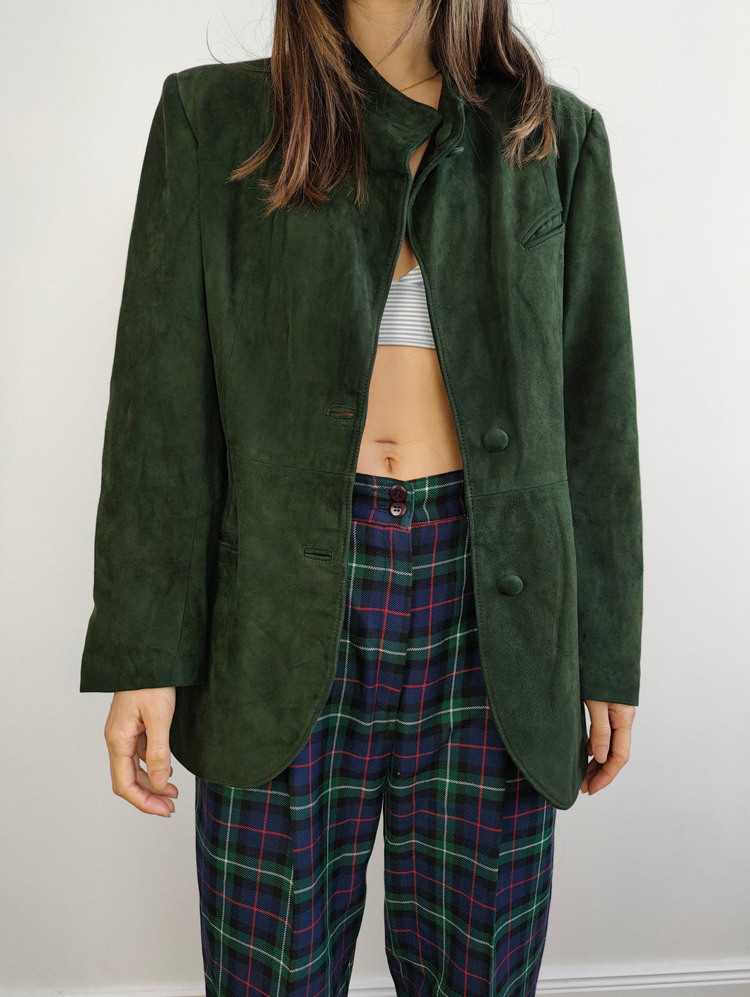 The Green Suede Leather Blazer Jacket | Vintage real suede leather jacket fitted women S